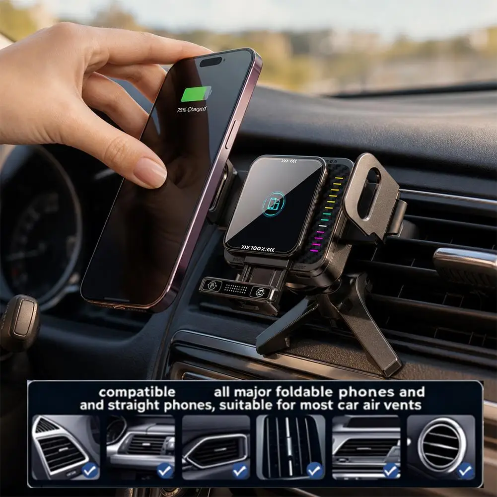 Universal Wireless Charging Phone Holder with Auto-Lock Clamp and RGB LED - Fast Charge Air Vent Mount