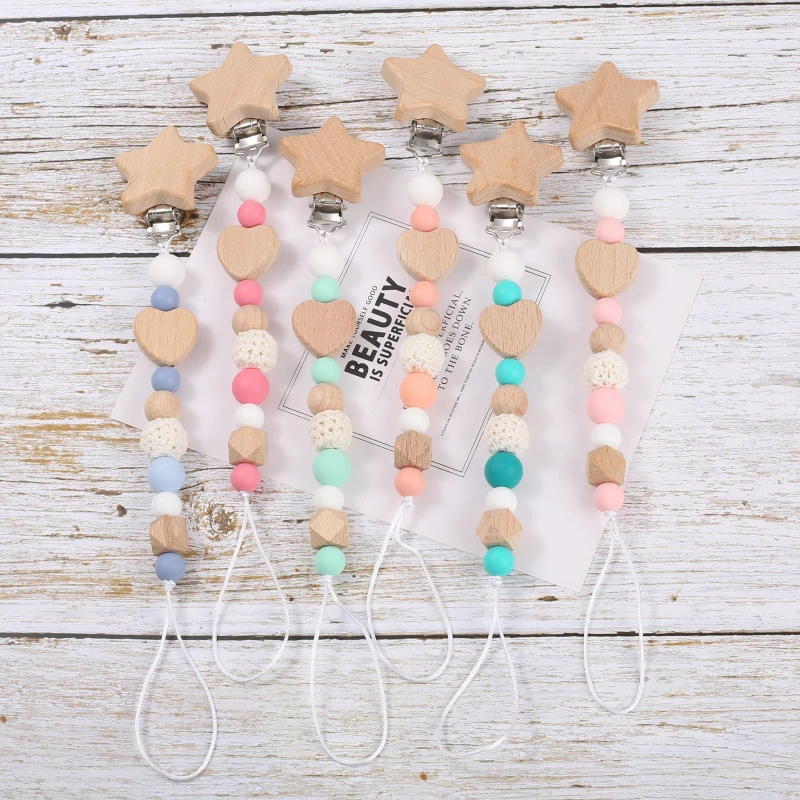 

Baby Wooden Pentagram Pacifier Clip Wood Crochet Bead Silicone Soother Nipple Chain For Baby Dummy Chain Nursing Chew Toy