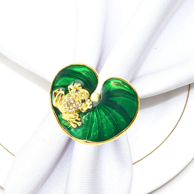 12pcs/lot Green Napkin Ring Lotus Leaf Frog Napkin Buckle Gold Mouth