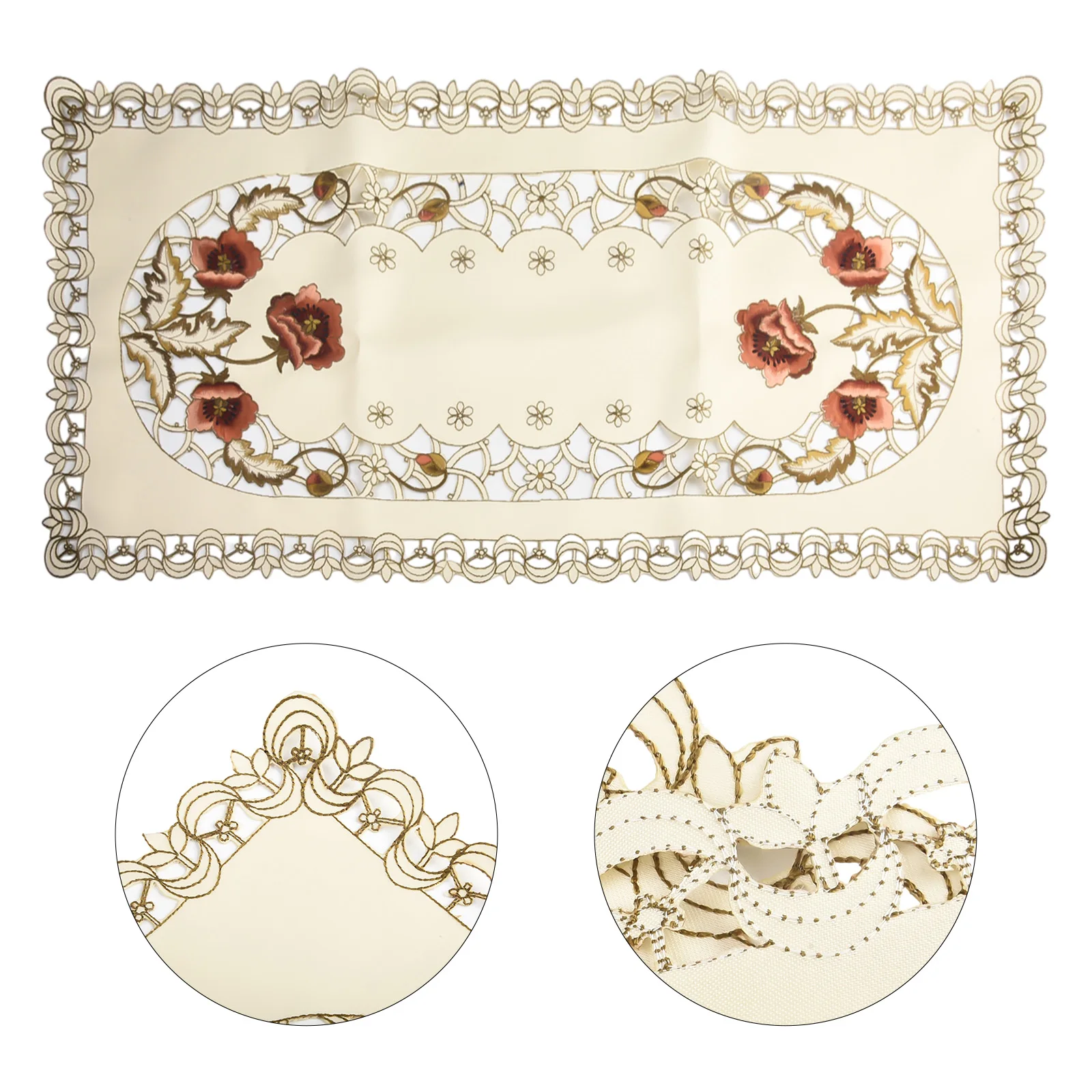 

Elegant Floral Table Cloth, Vintage Embroidered Lace Design, Stain Resistant, Wedding/Party Decor, Satin Fabric, 40*85cm