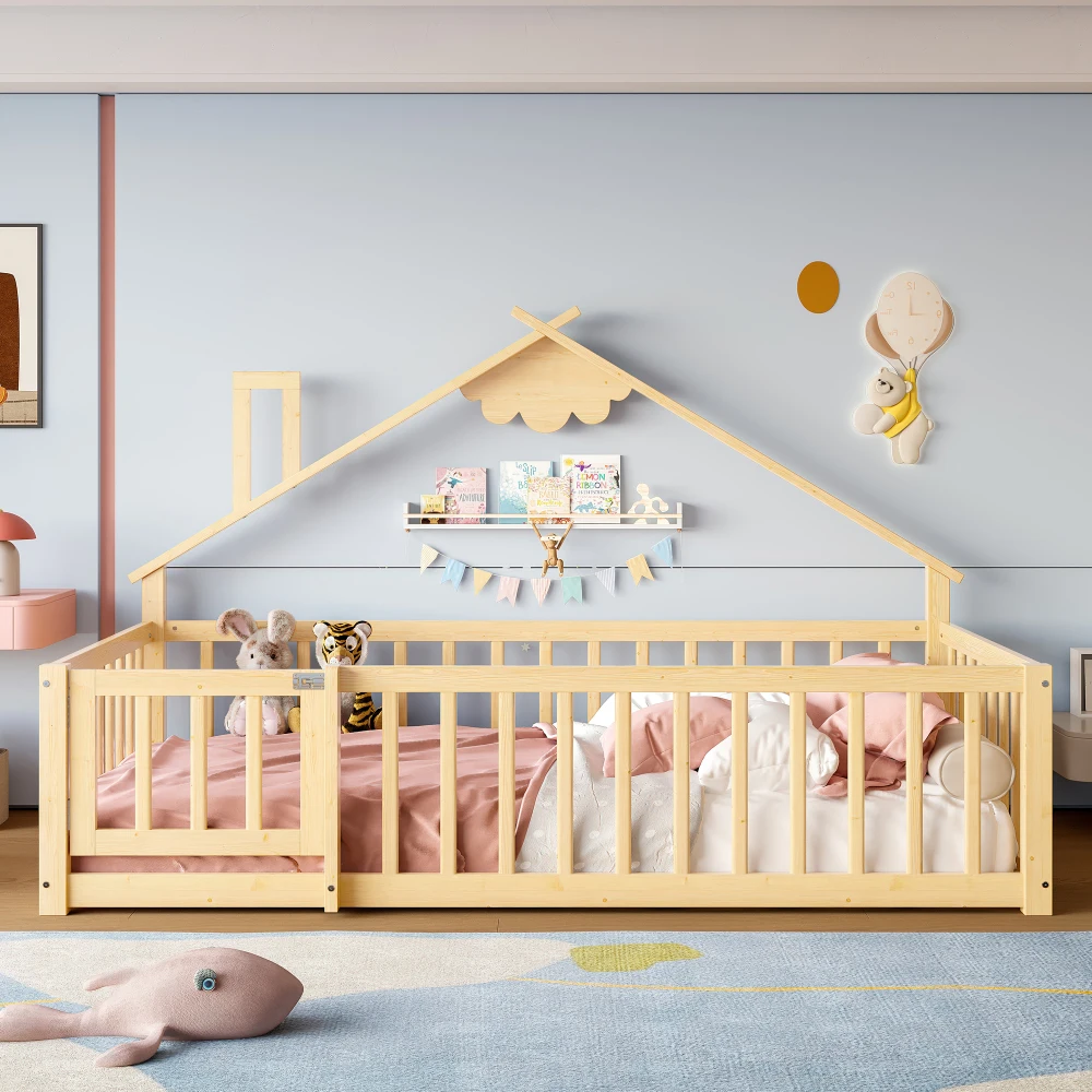 Sicheres, umweltfreundliches 90 x 190 cm großes Flachbett – stabiler Rahmen aus Kiefernholz mit abschließbarem Hausgeländer, sichere Schlafmöbel – Detail 3