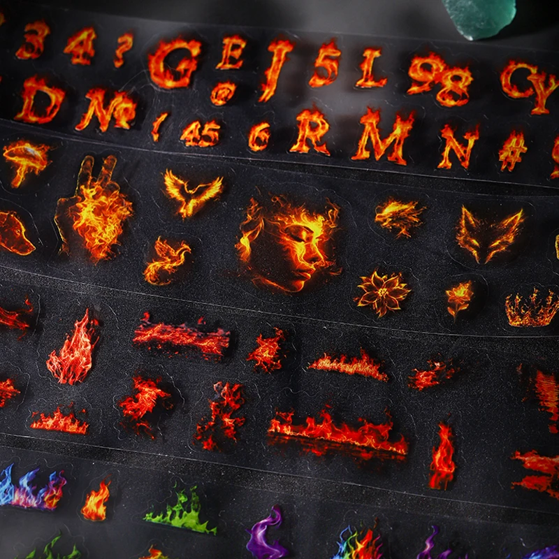 Mr.Paper 200cm/롤 불꽃 모양 다이컷 PET 테이프, 불꽃 & 불타는 글자 장식 테이프 (스크랩북킹 및 저널링용)