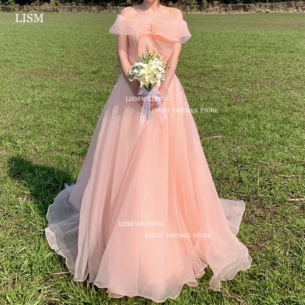 

LISM Blush Pink Organza A-Line Korea Wedding Evening Dresses Off The Shoulder Corset Back Prom Dress Event Formal Occasion Gowns