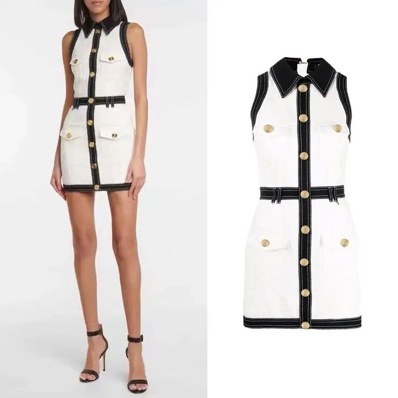 

2022 European And American New Hip Wrap Skirt Lapel Denim Color Matching Labyrinth Jacquard Slim Sleeveless Vest Women's Dress