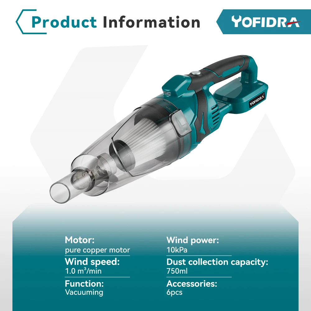 Yofidra 1500W Cordless Handheld Electric Vacuum Cleaner Rechargeable Cleaning Tool for Home Car Pet Hair for Makita 18V Battery 2