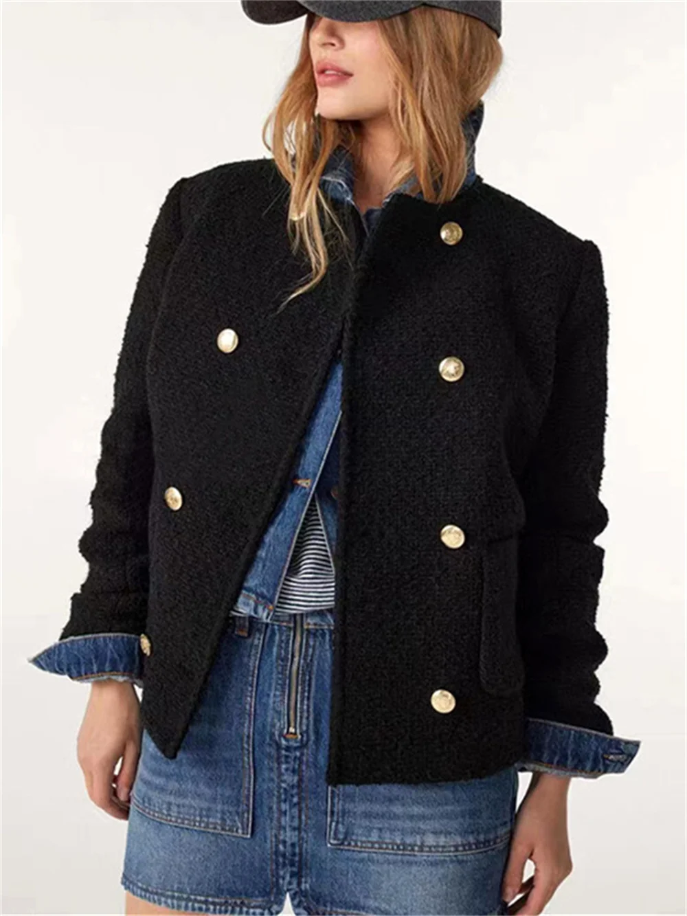 

White or Black Women Double Breasted Coat Tweed Elegant 2024 Spring Female Jacket with Pockets