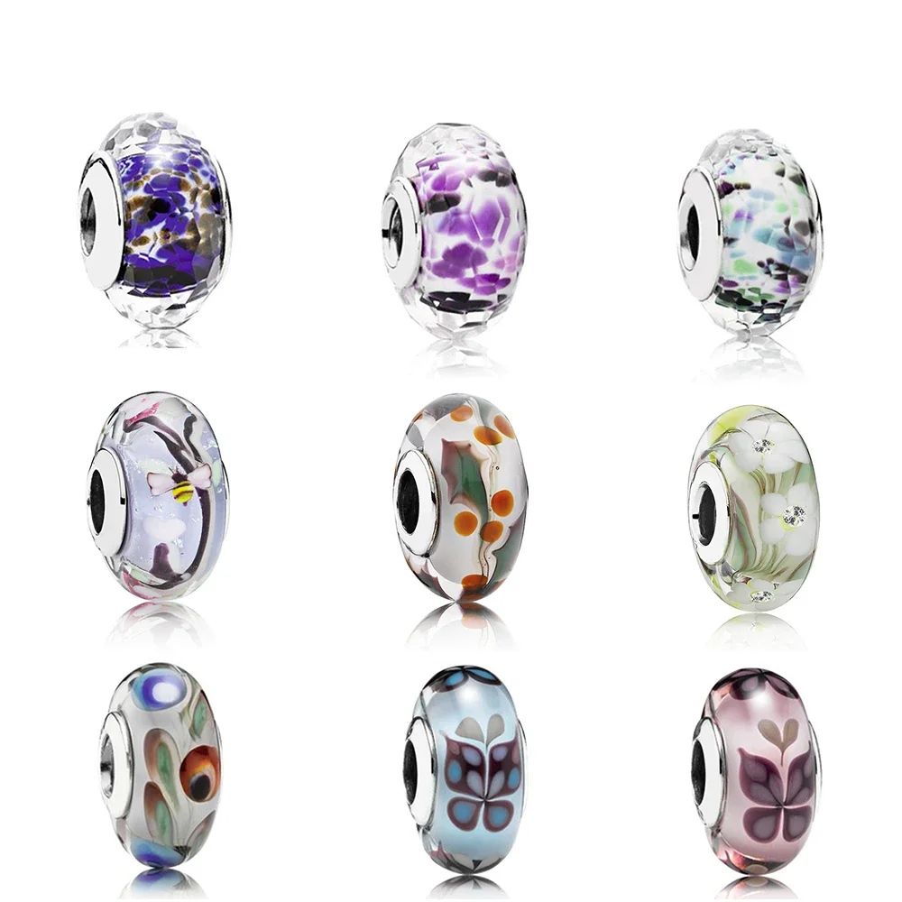 

CHAMSS 100% 925 Sterling Silver Murano Ink Painting Butterfly Glass Beads Crystal pattern Fit Original Bracelet Charms Jewelry