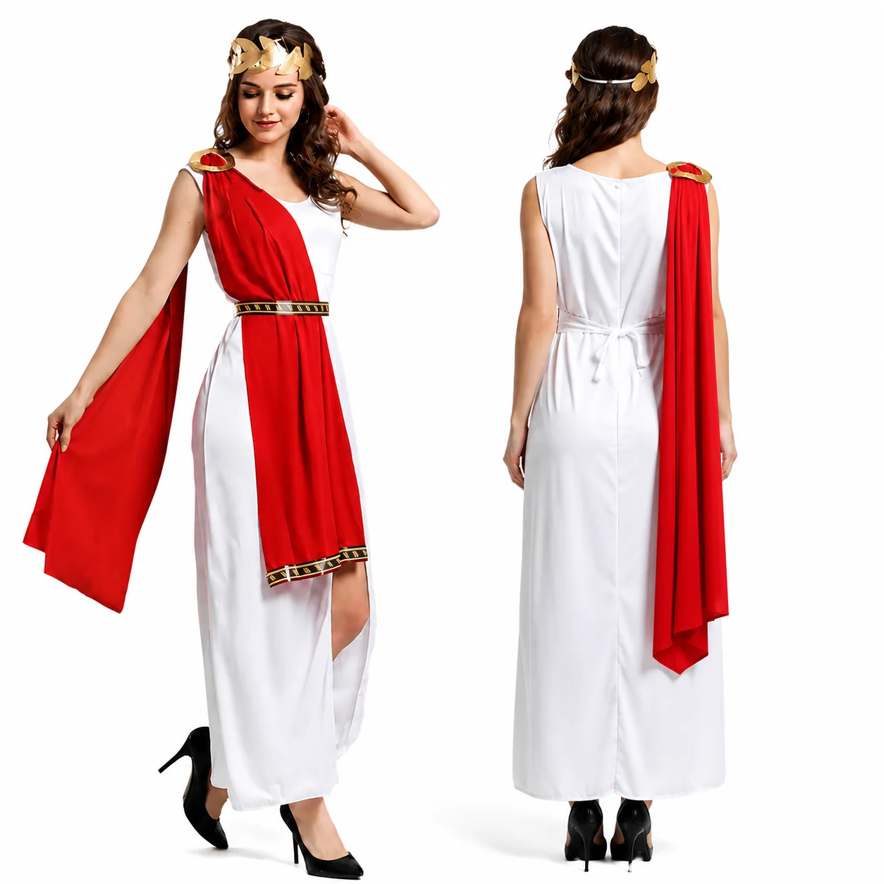 Costume Romano Greco per Adulti, Uomini e Donne, Toga Bianca, Mantello Rosso, Corona d'Alloro Dorata, Set per Halloween e Carnevale - immagine 3