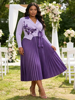 Miyake Pleated Skirt Plus-Size Women's Faux Two-Piece Dress with Long Sleeves, Suit Collar, Appliqué, Tie Straps, Slim Fit, Flattering, Suitable for Daily Wear, Home, Travel, and Work, with a Simple and Elegant Style
