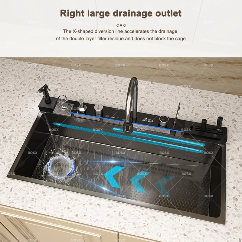 Stainless Steel Waterfall Kitchen Sink Single Slot Digital Display Faucet Set Cup Washer
