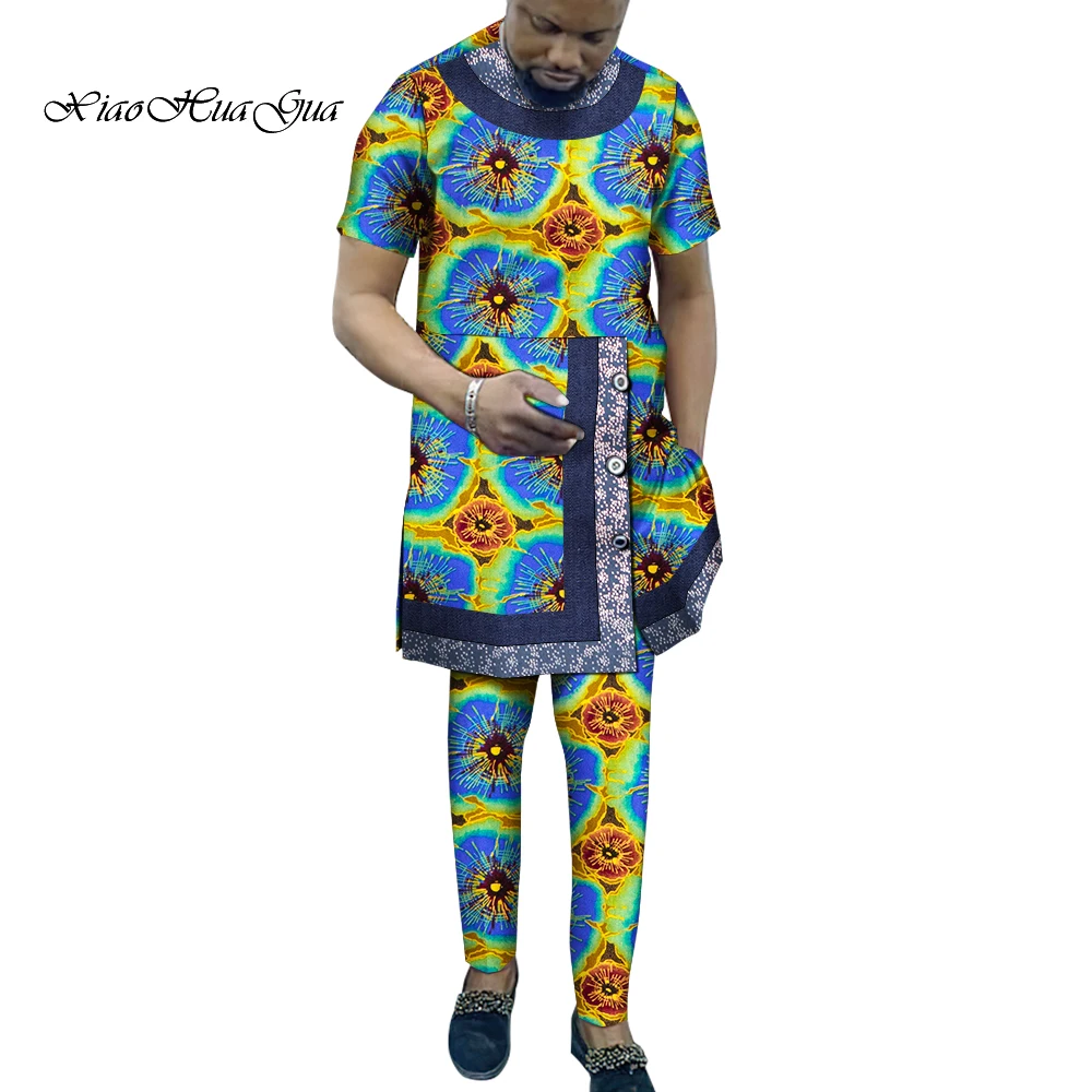 

Dashiki Print Men's Long Shirts+Trousers Pant Sets Ankara Fashion Male Groom Suits African Party Clothes Custom Made WYN1852