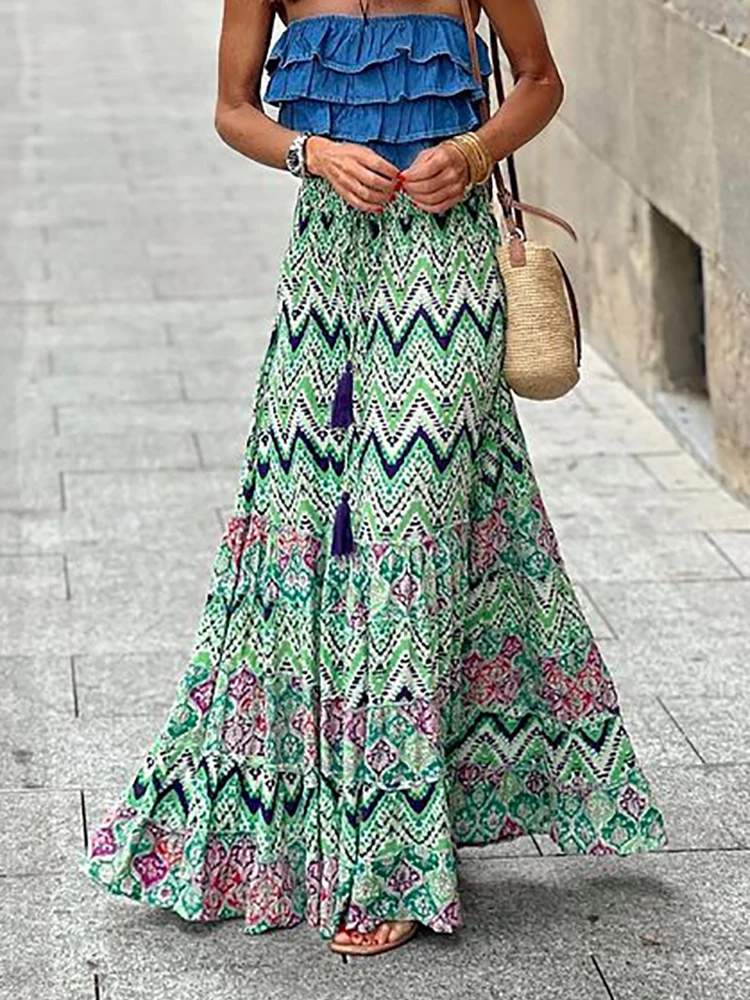 Maxi Gonna Donna A Vita Alta Con Volant A Strati, Floreale Bohémien, Estate, Con Tasche