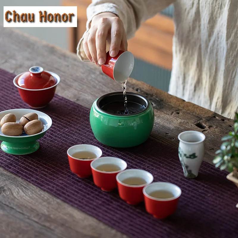 260ml Retro Okra Green Glaze Ceramic Tea Residue Jar Household Tea Garbage Can Tea Residue Bucket Kung Fu Teaset Accessories
