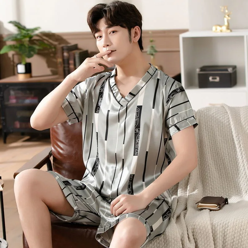 Pajamas Men Ice Silk Short-Sleeved Student Homewear Two-Piece Set of Easy-to-Clean Short-Sleeved Shorts Nightwear Loungewear pajamas set silk pajamas man pajamas set