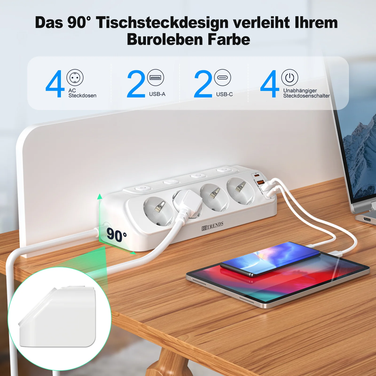 Eu Plug Multi-Function Power Board 2 USB-A and 2 USB-C Fast Charging Power Adapters 2 m Extension Cord Independent Switch White - 2