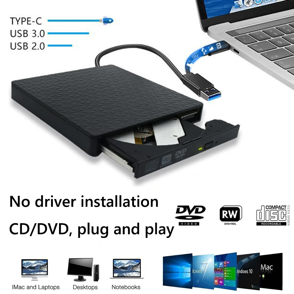 CD Writer Disque dur externe 3.0 Lecteur DVD Lecteur USB RW Lecteur CD  Burner lecteur pour PC portable Noir