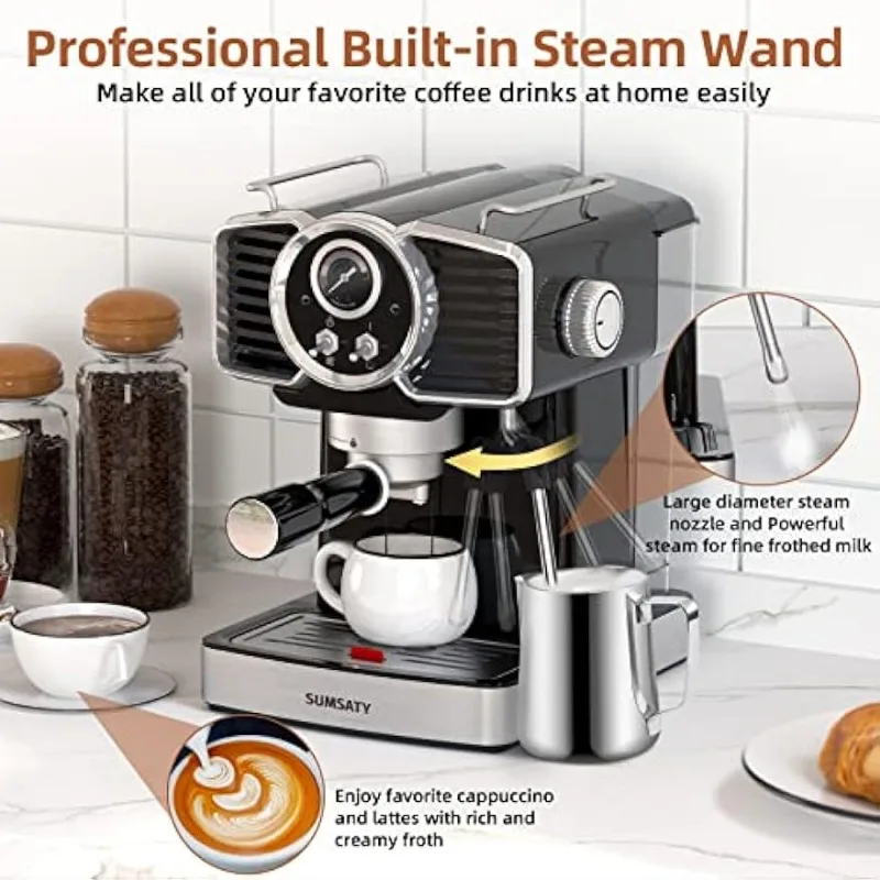 20Bar Espresso Coffee Machine w/Milk Frother for Latte for Home 1.8L  WaterTank