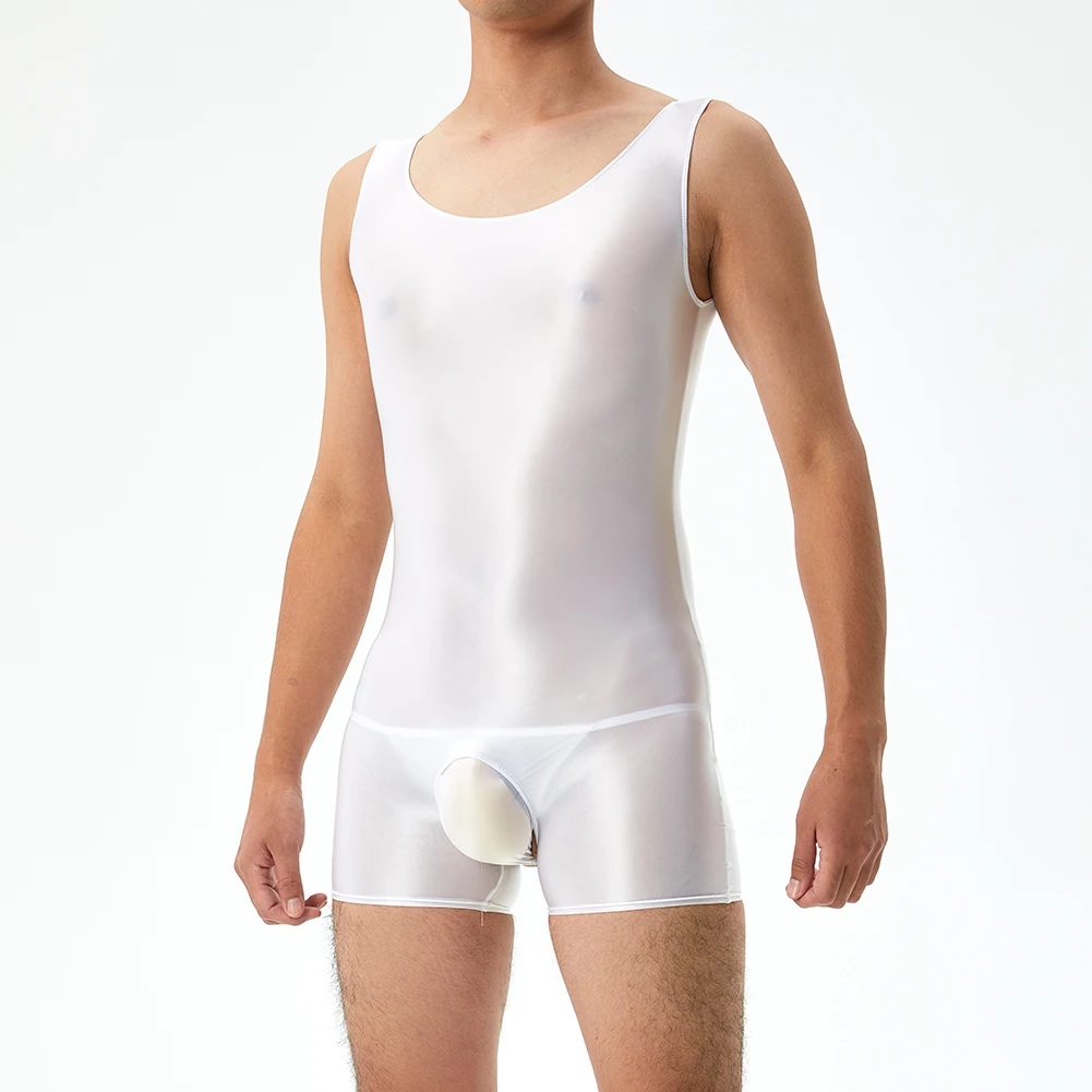 Sexy Mens Classic Glossy Crotchless Sleeveless Slight Strech Erotic Shorts Seamless Jumpsuits Comfortable Bodysuit Underwear