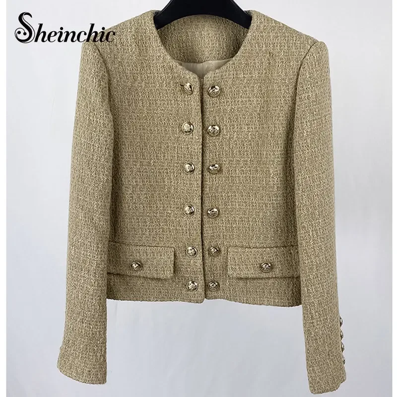 

20% Wool Coat Women High Quality Luxury Designers Double Breasted O-neck Short Tweed Jacket Korean Autumn Winter Clothes