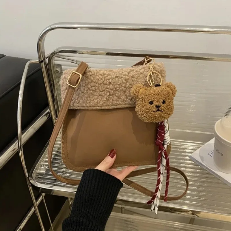 Winter Autumn Cute Bear Fluffy Bag for Women High-end Furry Small Bag Single Shoulder Crossbody Girls Phone Bag