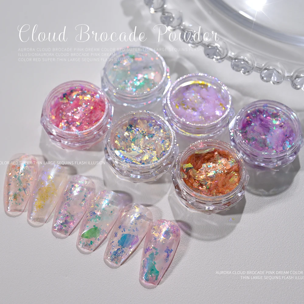 

1Jar Aurora Cloud Brocade Sequins Holographic Ice Crystal Opal Powder Nail Glitter Ultra-Thin Iridescent 3D Manicure Flakes