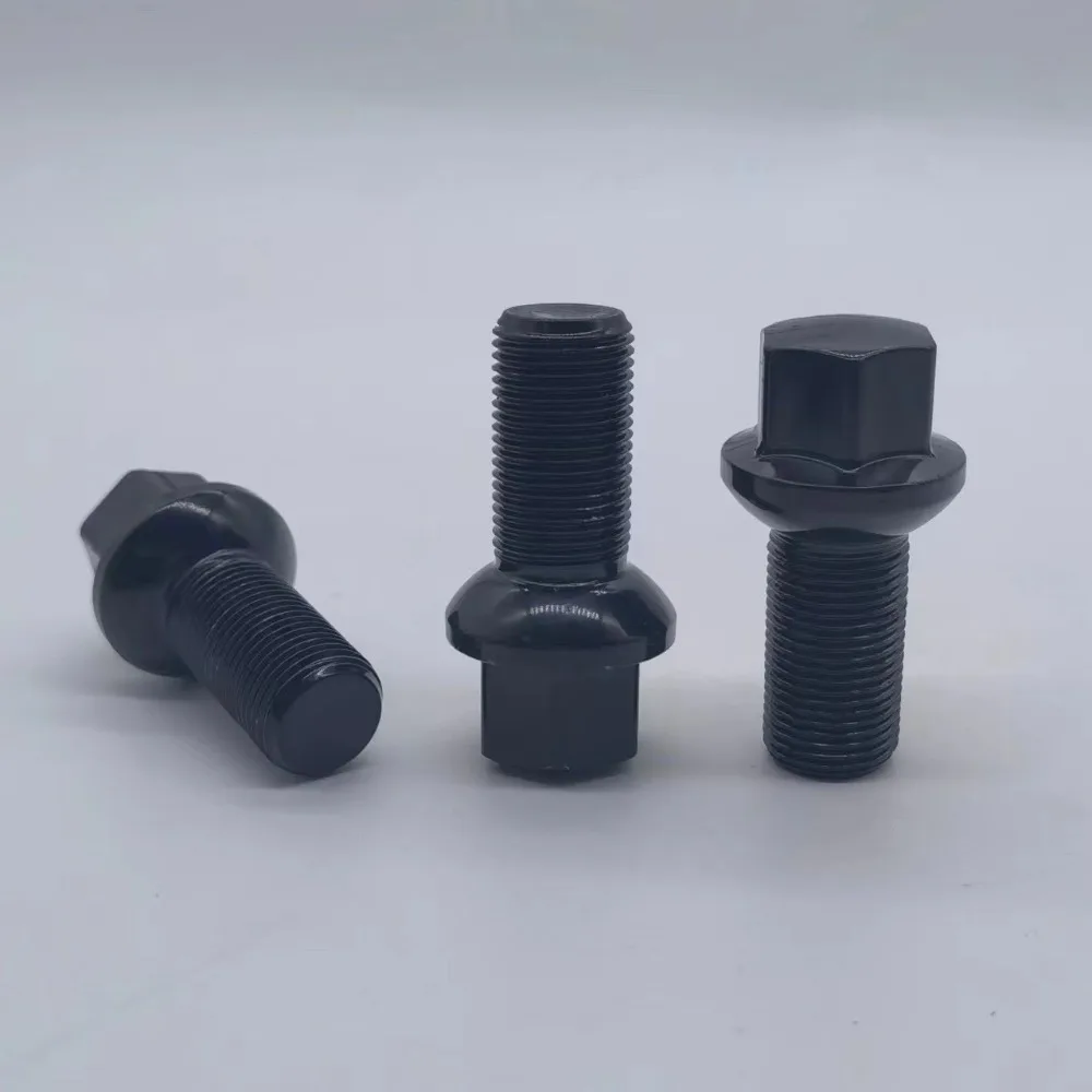 Wheel Lug Bolts - 20 Pcs M15x1.25, 65mm Thread Length, 17mm Hex, Conical Seat, Black Finish (For Use With Spacers)