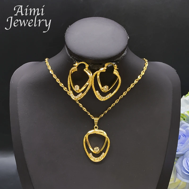 Niedliche einfache Halskette mit Anhänger, goldene Creolen, 2-teiliges Schmuckset für Frauen, Dubai, Braut, Hochzeit, Party, Valentinstag, Geschenke