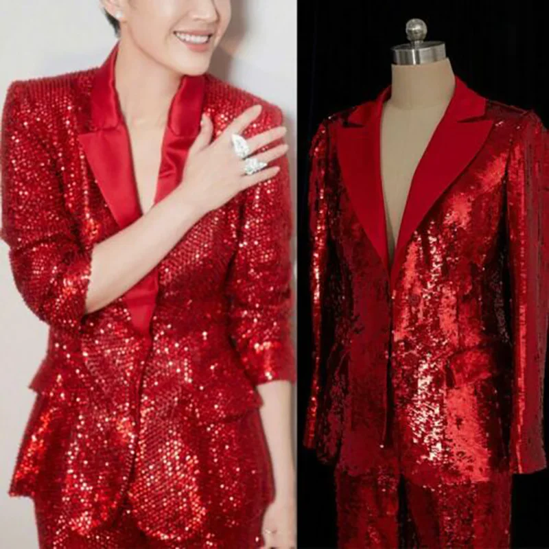 

Red Women Suits Office Set 2022 Sparkling 2 Pieces (Blazer+Pants)Custom Made Red Carpet Formal Evening Party Prom Dress