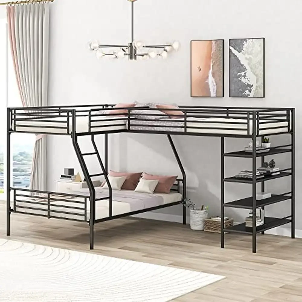 L-Shaped Metal Corner Bunk Bed with Loft Built-in Shelves Twin Over Full Black No Box Spring Needed 117.2"L x 77.5"W x 62.9"H