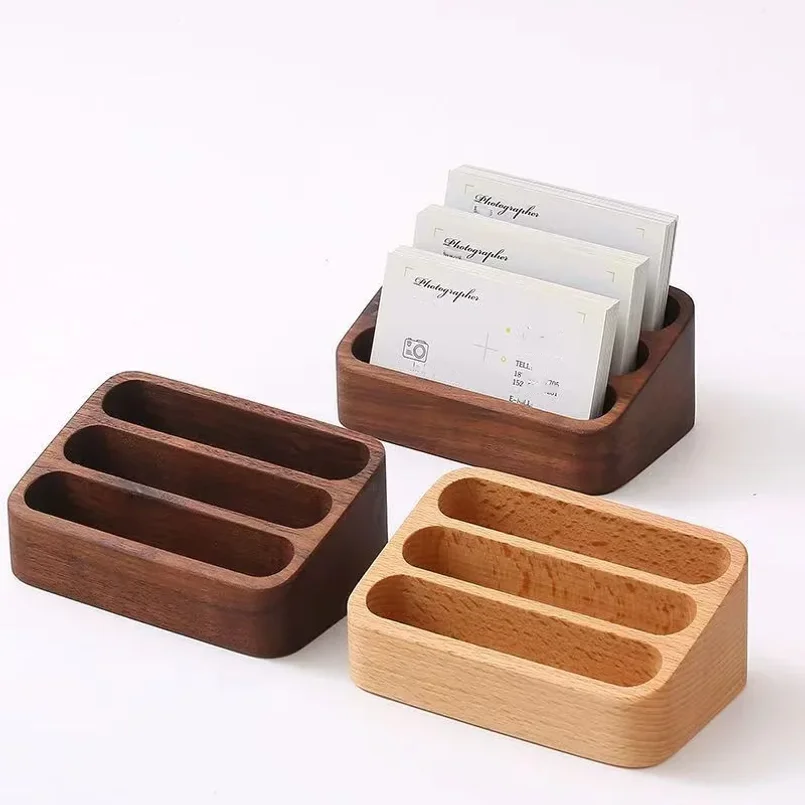 1Pcs Wooden Desktop Business Card Holder 3 Compartment Storage Box For Office Supplies Desk Accessories Organizer 1