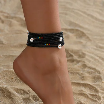 Cute Small Flower Vintage Black Round Beads Anklets For Women 2pcs/Set Foot Chains Beach Jewelry Ankle Bracelet Summer Accessory