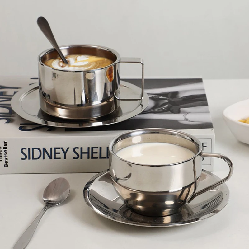 طقم فناجين قهوة من الفولاذ المقاوم للصدأ ، ذات جدر...