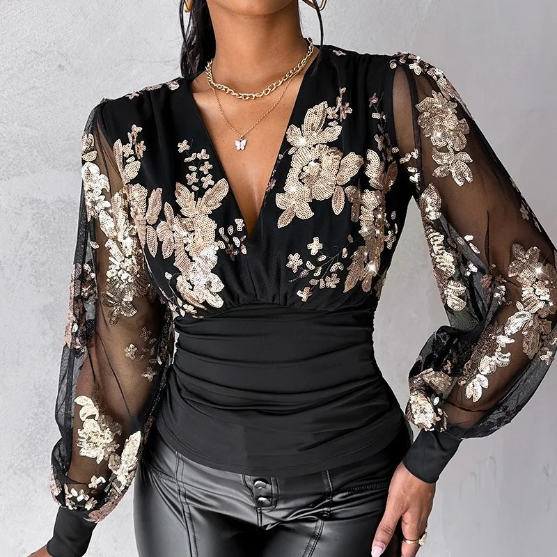 

Женский топ с V-образным вырезом, длинным рукавом-фонариком и вышивкой