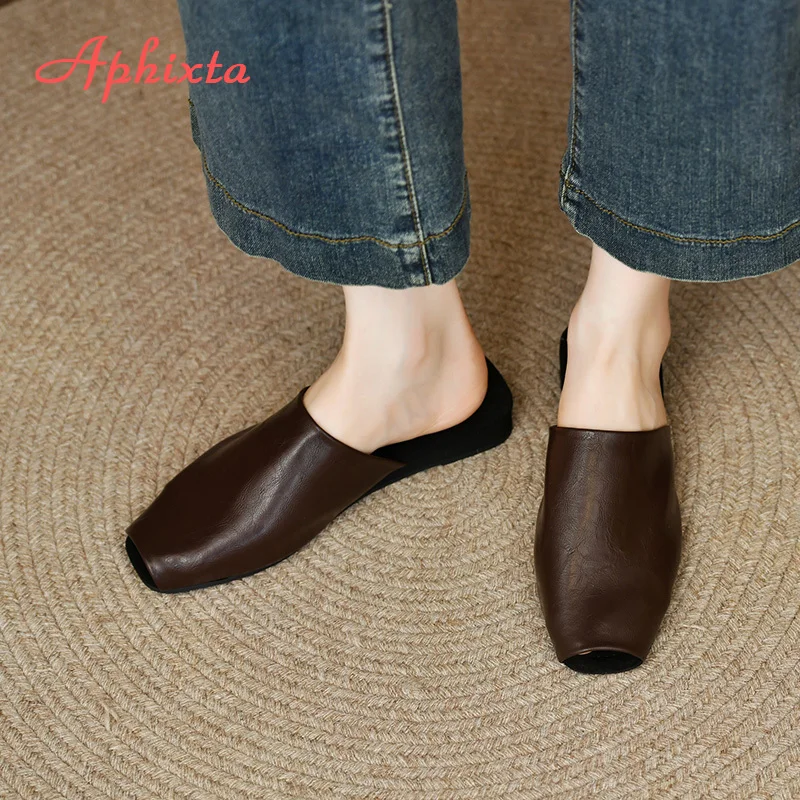 Aphixta Peep Toe Flat With Mules Sandals Black Concise Flip Flops Slip On Summer Outings Woman Shoes Big Size 42 Women's Mules