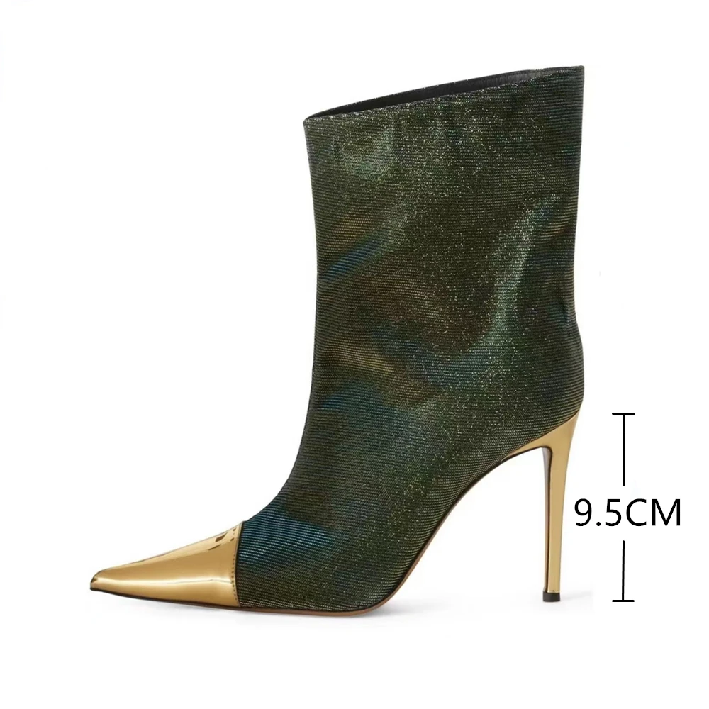 Metal Toe Women's Knight Boots Elegant Short Boots Ladies Thin High Heel Shoes Women Slip-on Mid-calf Boots