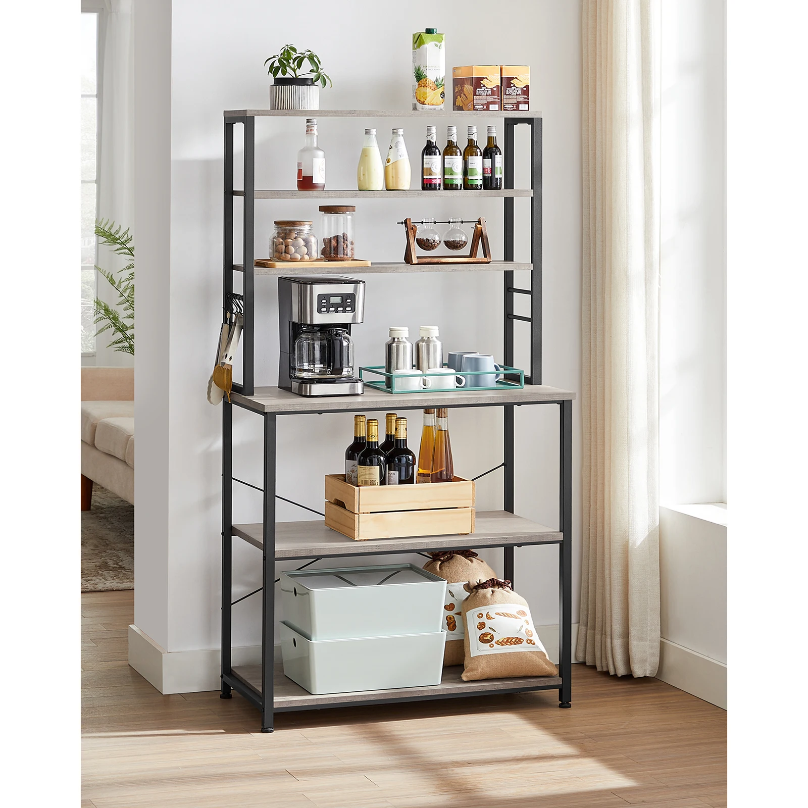 VASAGLE Kitchen Storage Rack, Coffee Bar, Baker s Rack, Total 6 Shelves and 6 Hooks, for Microwave, 40 x 80 x 167 cm