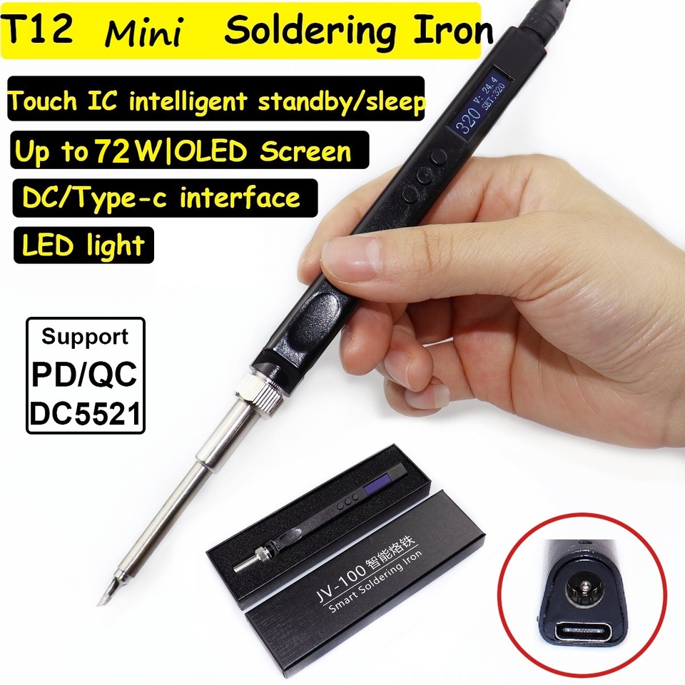 T12 OLED Mini Electric Soldering Iron Kit PD USB-C Repair Tool Adjustable Temp Portable Solder Welding Station Heat Pencil K tip