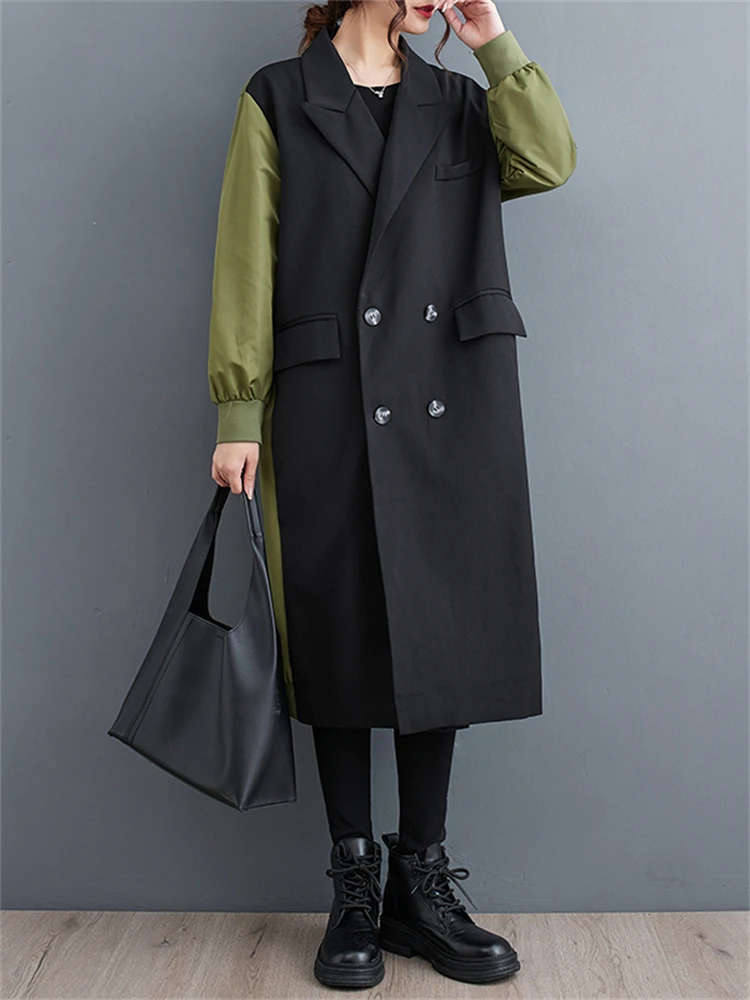 2025 Autumn Winter Oversized Turn-down Collar Trench Coat For Women Casual Loose Vintage Patchwork Fashion Outerwear Cardigan