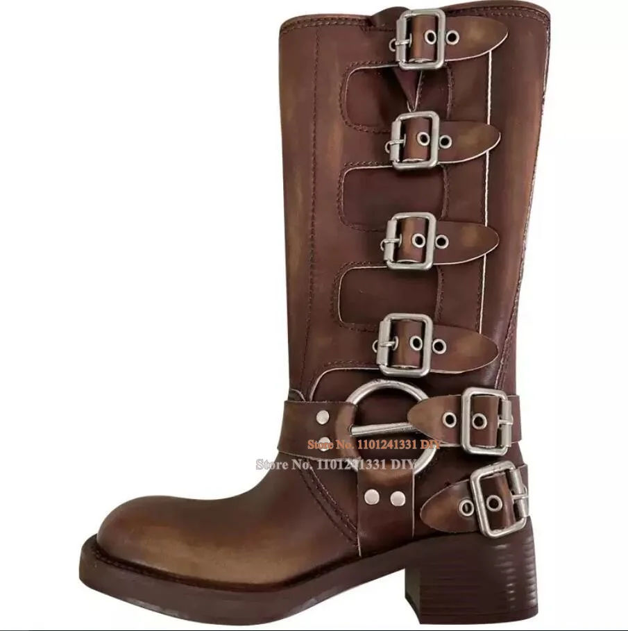 

Brown White Leather Side Buckle Fastening Low Block Heeled Knee High Boots Women Thick Platform Biker Boots New Footwear Shoes