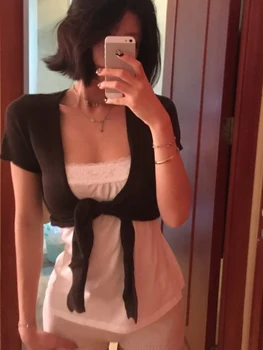 Vintage Knitted Cropped Lace-up Cardigan Women Spring Slim V-neck Sexy Smock Short Sleeve Tees Retro Simple Chic Crop Tops 1