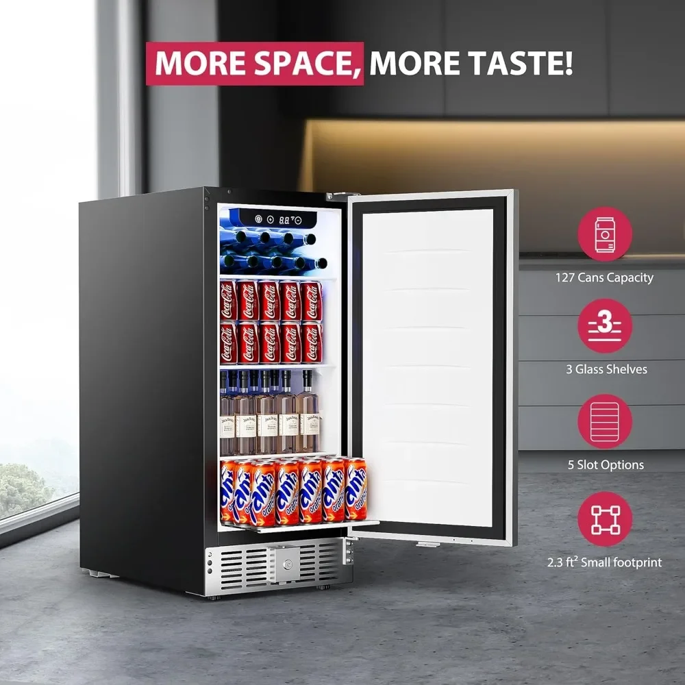 Wine Refrigerators,127 Cans Mini Fridge with Glass Door, 15 Inch Beverage Cooler Under Counter Built-in Beverage Refrigerator 2