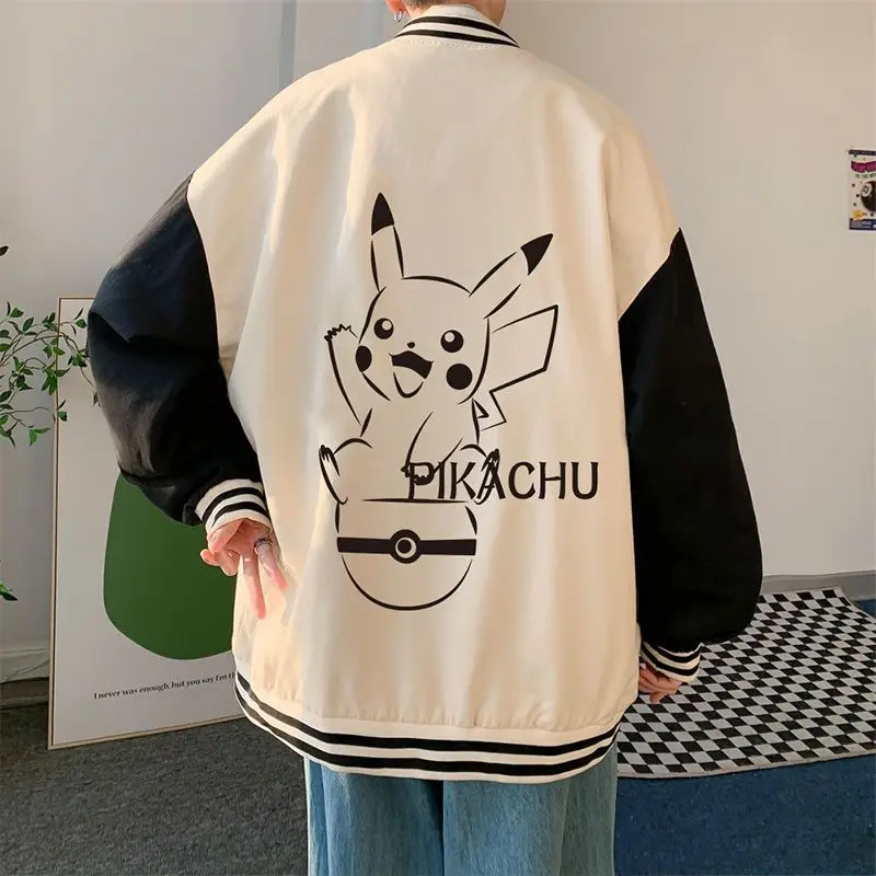

Pokemon Pikachu Cartoon Coat Male Street Style Trend Handsome Baseball Collar Jacket Student Wear Outside Leisure Long Sleeve