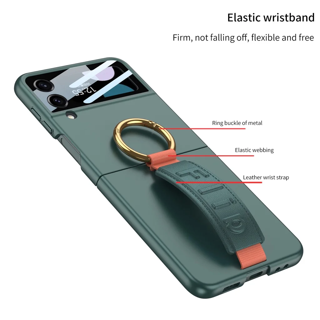 For Samsung Galaxy Z Flip 3 Case Ultra Thin Skin Friendly Matte Wrist Strap Metal Ring Bracket Mirror Film Shockproof Cover