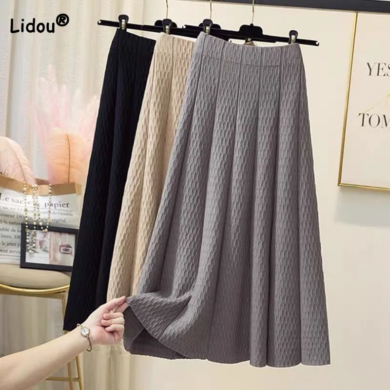 Fashion Temperament Knitted Pleated Skirt for Female Autumn Winter Korean All-match High Waist Solid Skirts Women's Clothing
