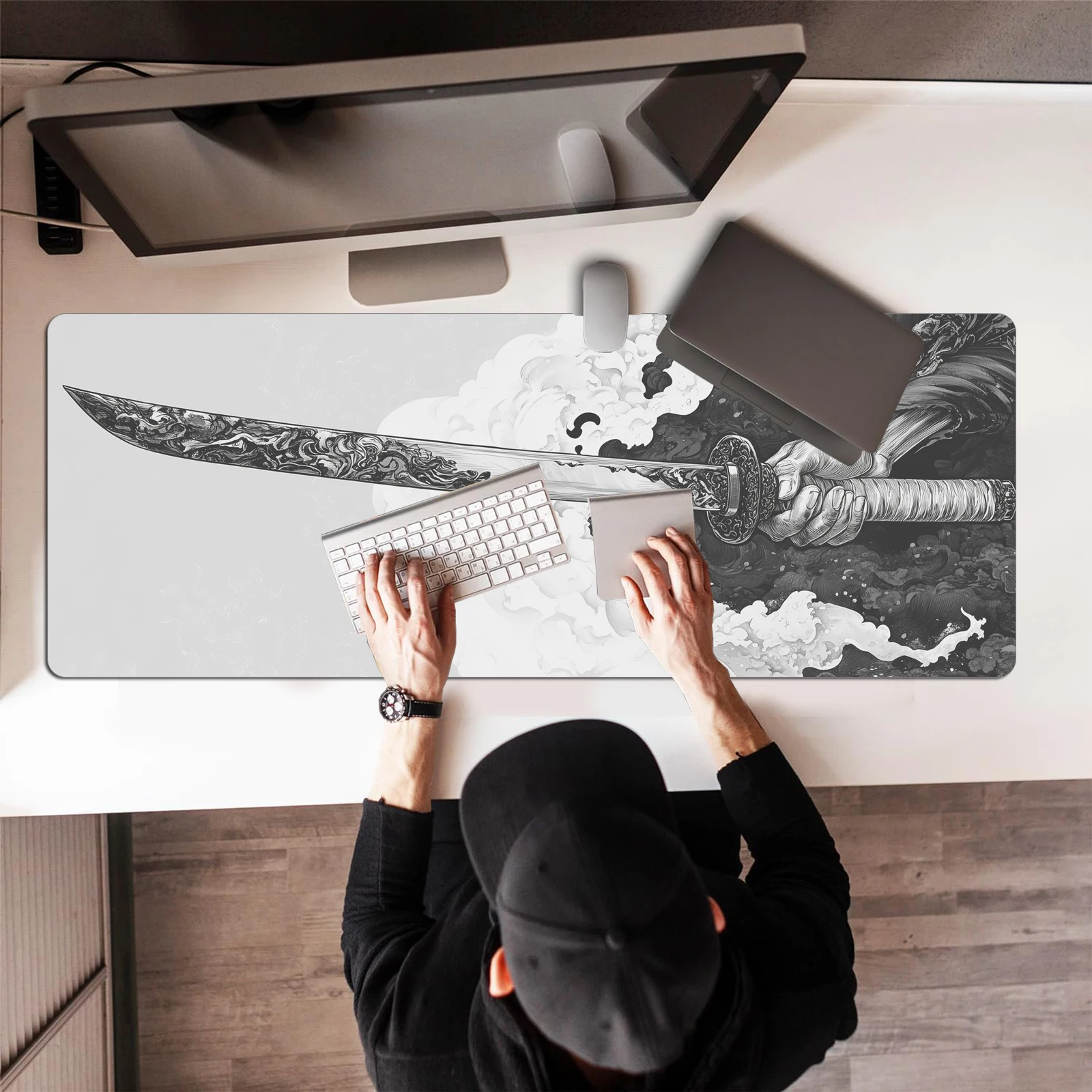 Black And White Comic Wind Sword Model Keyboard Mouse Pad Desk Mat, 3D Gaming Mouse Pad with Non-Slip Rubber Base Stitched Edges 3