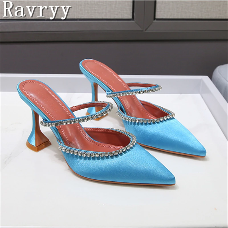

Rhinestones Satin Women Pumps Slippers Elegant Pointed Toe Wine Cup High Heels Lady Mules Slides Summer Fashion Party Prom Shoes