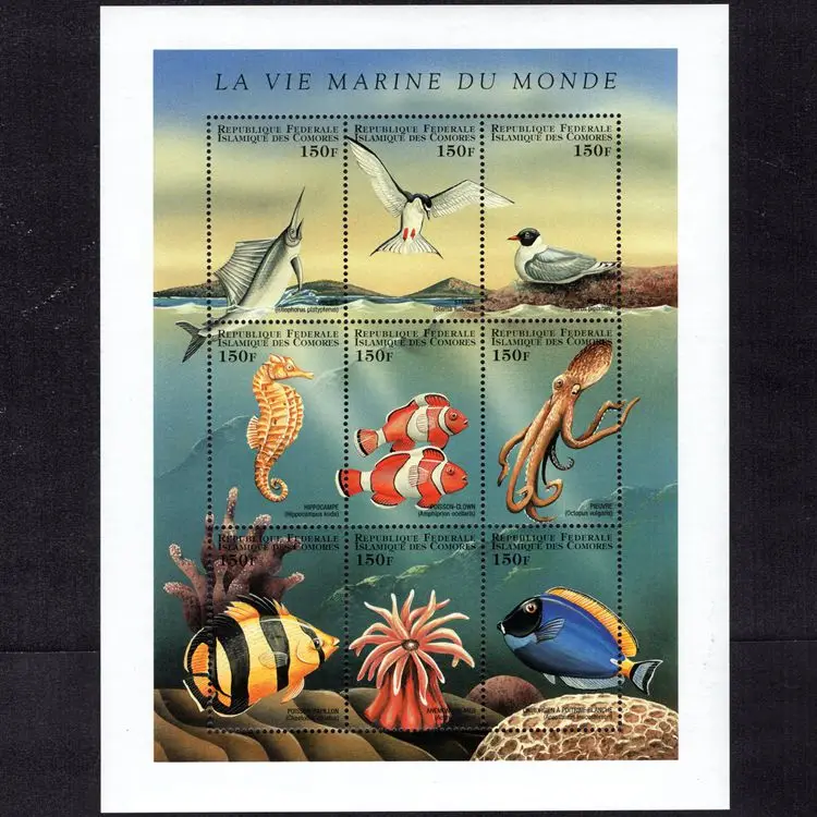 Description Picture 2 of itemComoros Post Year 1998 Marine Life Fish Octopus Seahorse Bird Stamps 9 New Collectible Postage Stamps Material For Scrapbooking