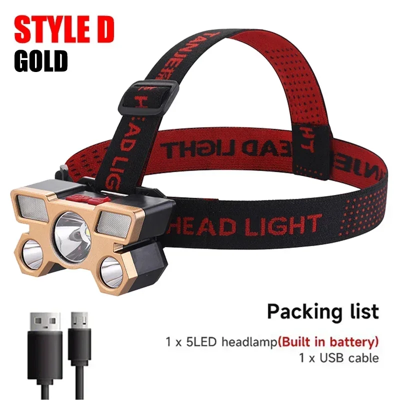5 LED-Stirnlampe mit starkem Licht, eingebaute 18650-Batterie, wiederaufladbare USB-Kopf-Taschenlampe, für den Außenbereich, ultrahelle Angeln, Camping-Lampe