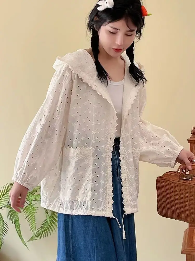 

Sweet Mori Girl Summer Lace Jacket Long Sleeve Lace-up Embroidered Sunscreen Women Hooded Tops Hollowed Pocket Jacket OuterCoat
