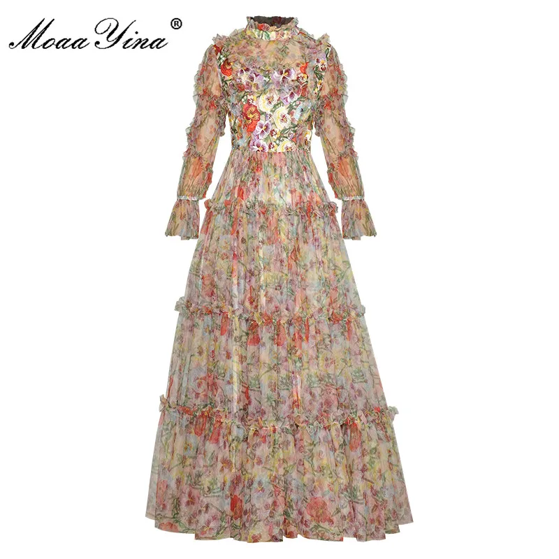 

MoaaYina Fashion Designer Summer dress Women's Dress Stand Collar Long Sleeve Printing Embroidery Mesh Dresses